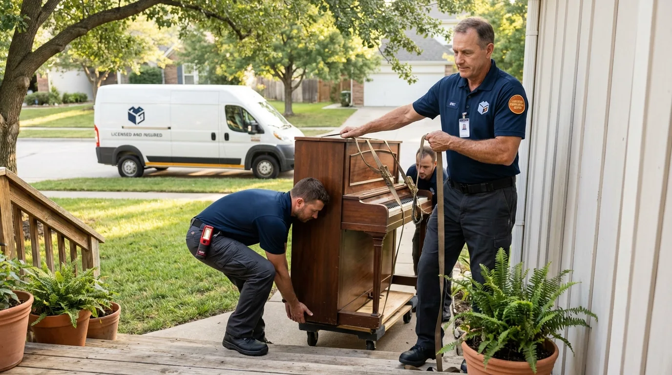 Licensed piano movers securing grand piano in Priest River, ID