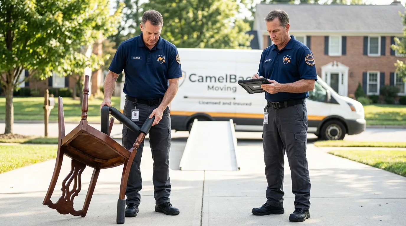 Movers inspecting furniture for damage prevention before loading in Priest River, ID