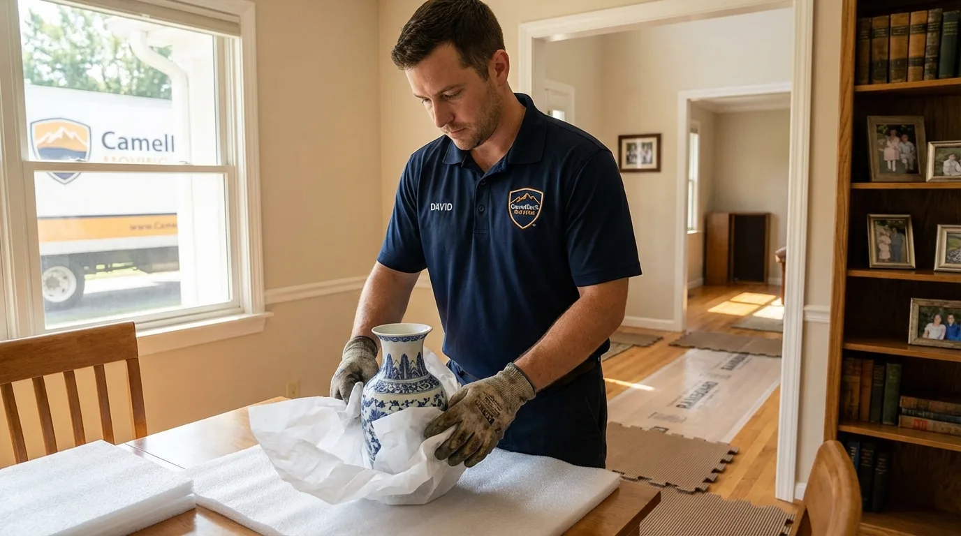 Professional crew carefully wrapping antique vase for senior downsizing move in Priest River, ID